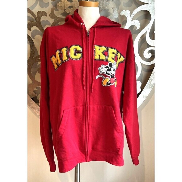 XL Disney Parks Mickey Mouse Red Two Sided Full Zip Hoodie Yellow Drawstring - Picture 1 of 7
